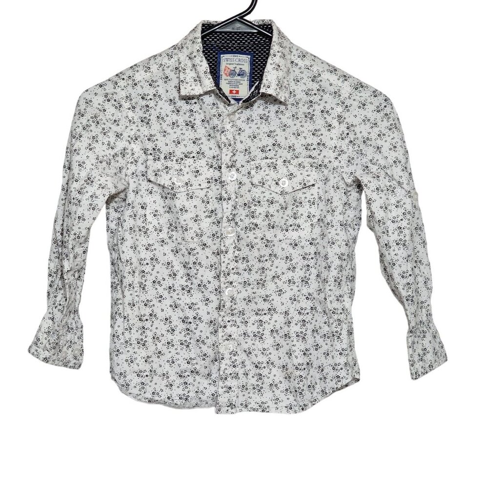 Swiss Cross White Black Floral Print Button-Up Shirt Boys Small 6/7